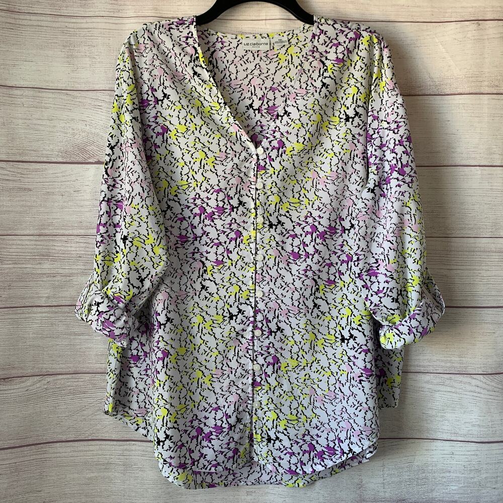 Liz Claiborne Purple Yellow Floral Button Up Blouse Long Roll Tab Sleeves PXL